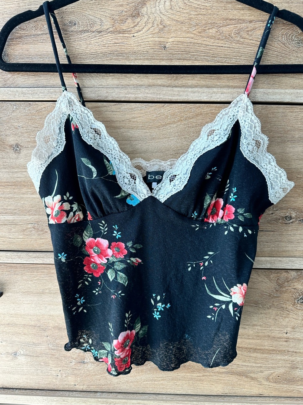 Vintage Y2K bebe Crop Floral Black Camisole with Cream Lace Trim